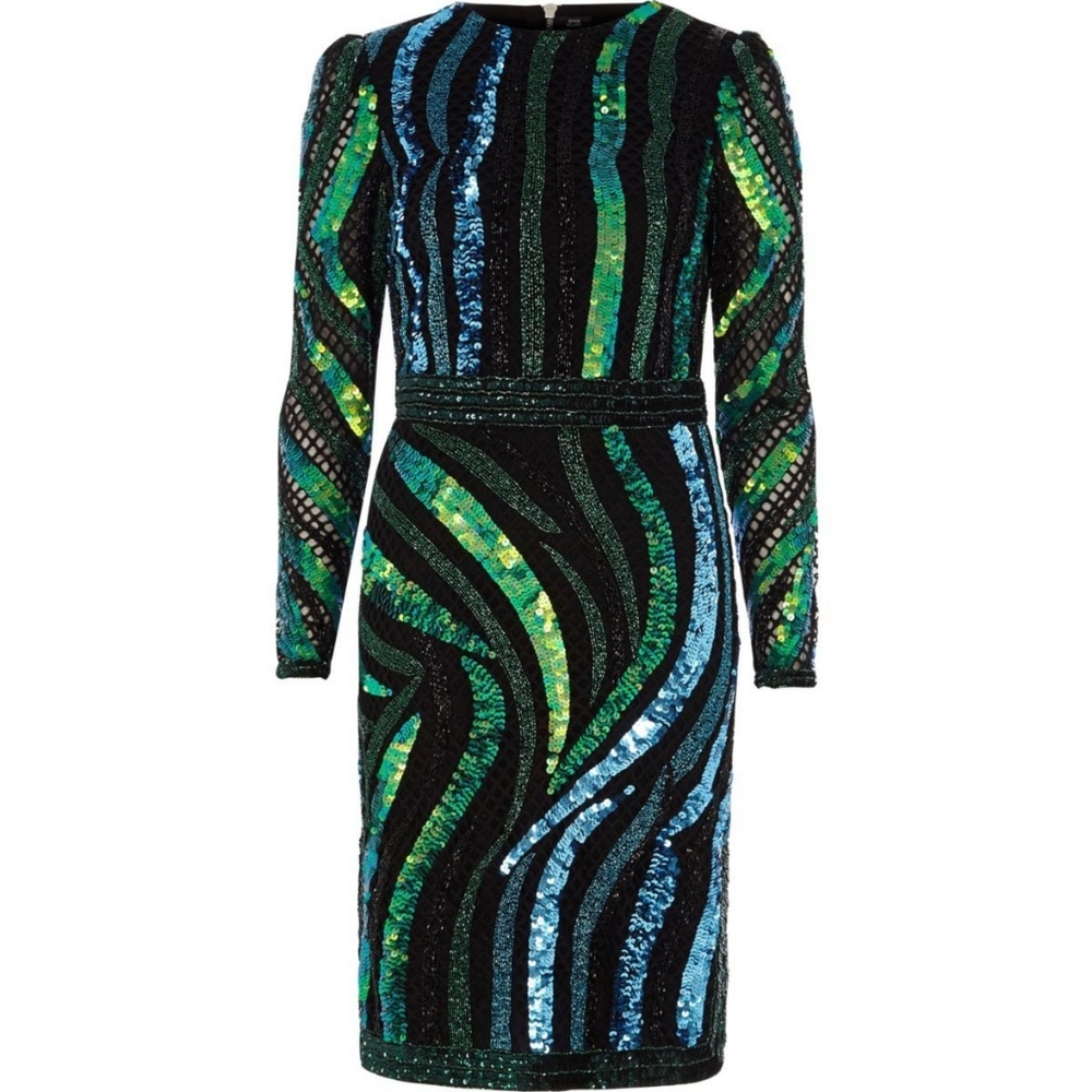 River Island Deluxe Edition Sequin Striped Dress - Green and Blue